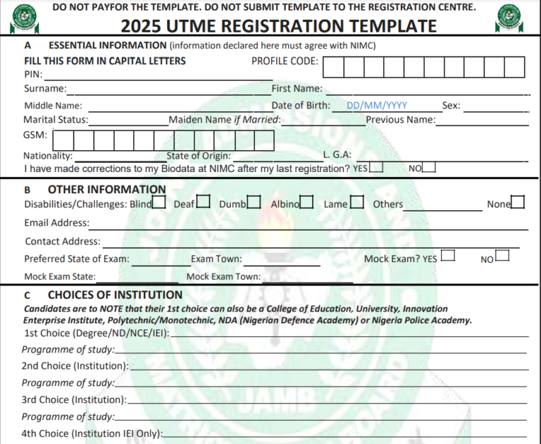 JAMB Registration 2025/2026 UTME Form, Dates